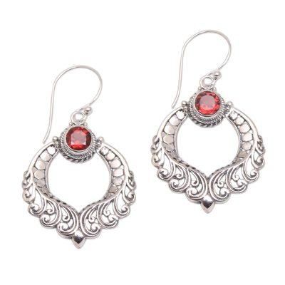 Garden Gate,'Curl Motif Garnet Dangle Earrings Crafted in Bali'