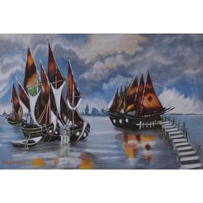 Blissful Voyage,'Ships in Water Oil on Canvas Painting from India'