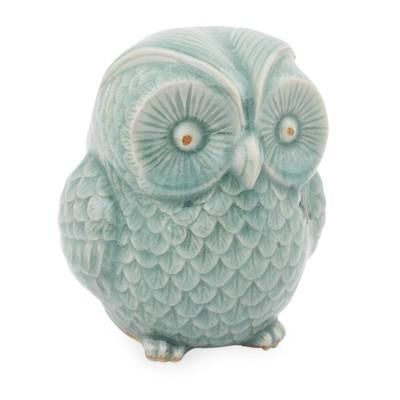 Celadon ceramic figurine, 'Sweet Blue Owl'