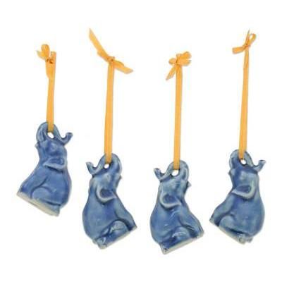 'Blue Elephant Heralds' (set of 4) - Celadon Ceramic Christmas Ornaments