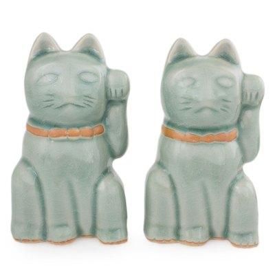 'Lucky Cats' (pair) - Celadon Ceramic Sculptures