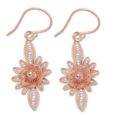 Flower Lights,'Hand Crafted Rose Gold Plated Flower Dangle Earrings'