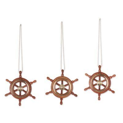 Ahoy,'Set of 3 Wood Ship's Wheel Ornaments'