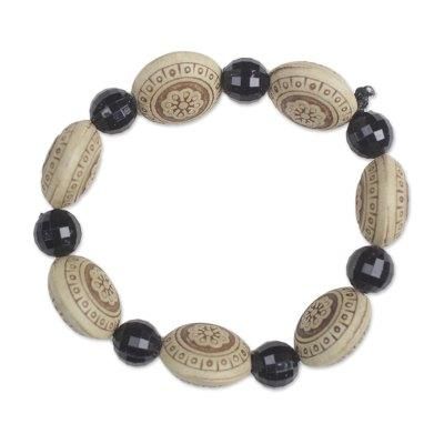 Favorite Flowers,'Floral Sese Wood and Plastic Beaded Stretch Bracelet'