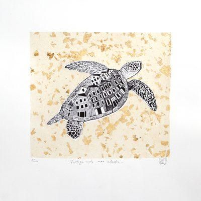 Turtle, Go to the Shore,'Signed Etched Print of a Sea Turtle from Mexico'