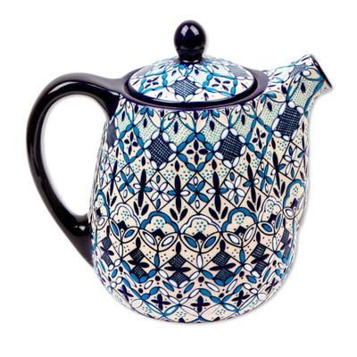 Blue Bajio,'Handcrafted Ceramic Floral Coffee Pot in Blues on Beige'