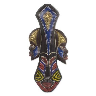 Glorious Work,'Beaded Wood Three Faced African Wall Mask Crafted by Hand'