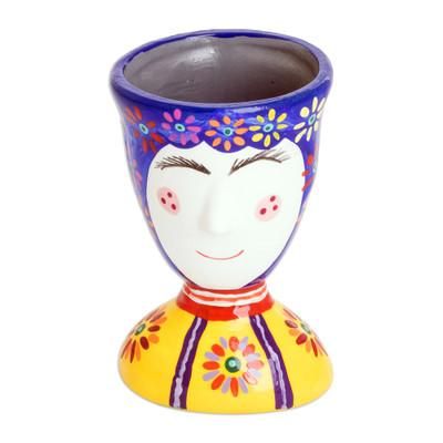 Flourishing Joy,'Painted Floral Blue and Yellow Ceramic Flower Pot (Small)'