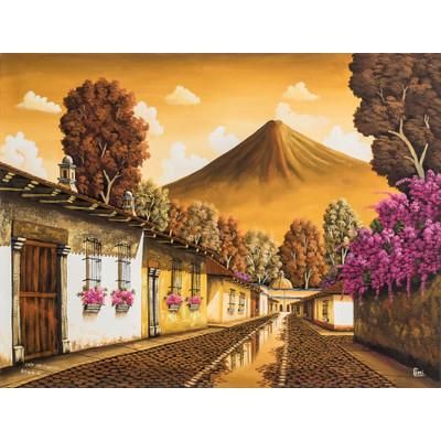 San Francisco in Sepia,'Nostalgic Oil Painting of Antigua in Sepia and Fuchsia'
