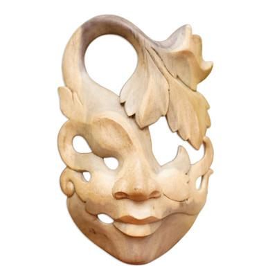 Wood mask, 'Shy Maiden' - Unique Contemporary Wall Mask