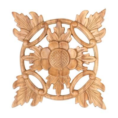 Wood wall panel, 'Sunflower Star' - Hand Carved Wood Wall Panel