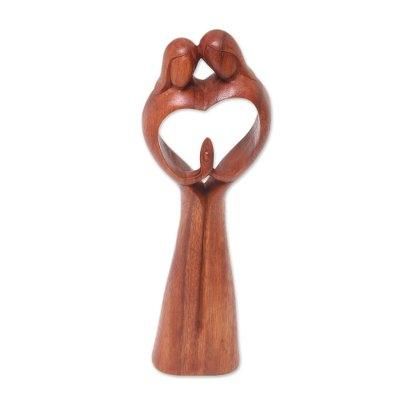 Piece of Me,'Hand-Carved Couple Family Love Suar Wood Heart Sculpture'