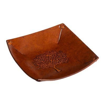 Sienna Tree,'Squared Brown Hand Tooled Leather Catchall from Peru'