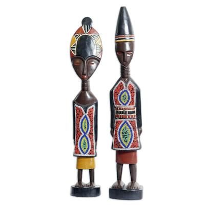 Twin Spirits,'Set of 2 Handcrafted Sese Wood Beaded Sculptures from Ghana'