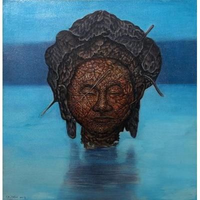 Back to Water,'Surrealist Painting of a Leafy Face Above Water (2018)'