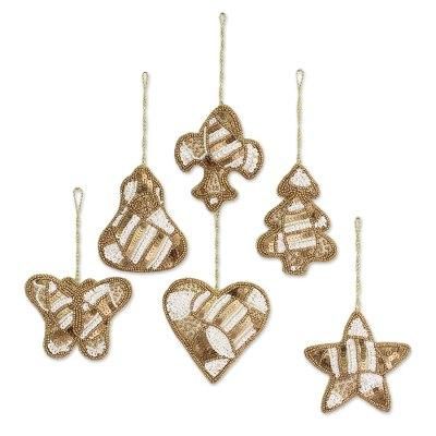Christmas Party in Gold,'Set of Six Beaded Christmas Ornaments in Gold and White'