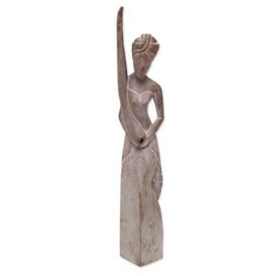 Didgeridoo Woman,'Rustic Wood Statuette of Woman with Didgeridoo'