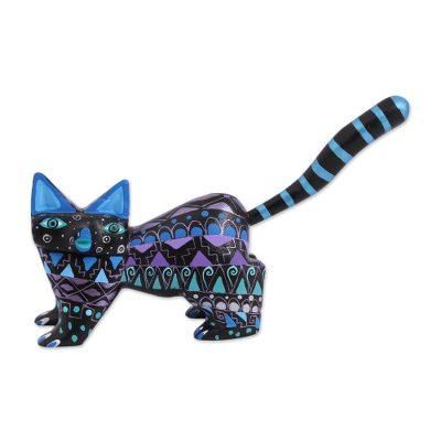 Nocturnal Cat,'Hand-Painted Wood Alebrije Cat Figurine from Mexico'