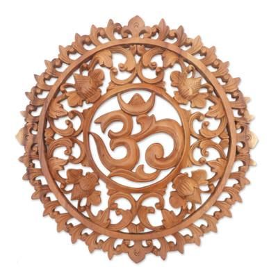 'Hand-Carved Floral Om Suar Wood Relief Panel from Bali'