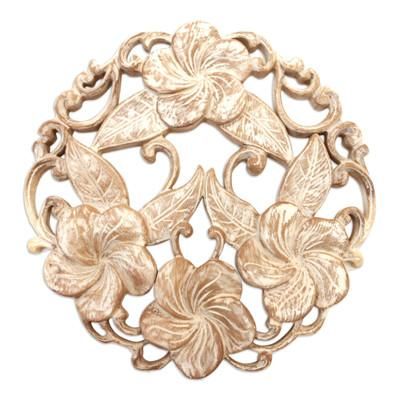 Plumeria Wreath,'Hand Carved Balinese Plumeria Wreath Relief Panel'