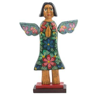 'Artisan Crafted Antique-Style Angel Sculpture in Pinewood'