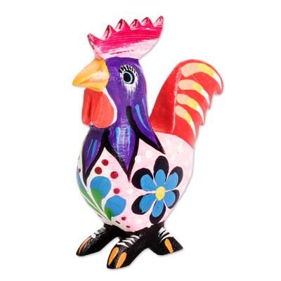 Radiant Rooster,'Hand-Carved Multicolor Wood Figurine from Guatemala'