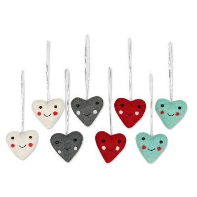 Smiling Hearts,'Assorted Colors Wool Felt Heart Ornaments (Set of 8)'