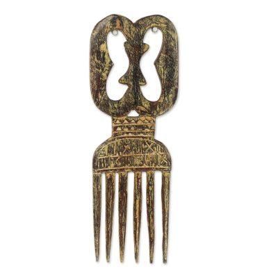 Adinkra Unity,'Sese Wood Decorative Comb with a Rustic Finish from Ghana'