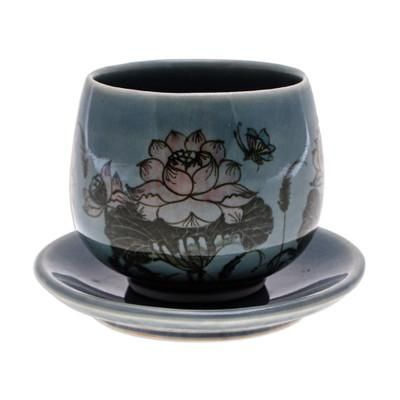 Luxuriant Lotus in Blue,'Handmade Celadon Ceramic Blue Cup and Saucer with Flowers'