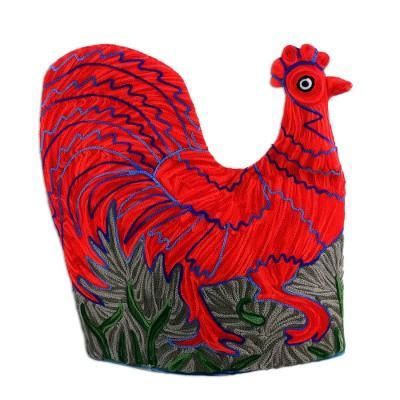 Morning Rooster,'Indian Chain Stitched Wool and Cotton Red Rooster Tea Cozy'