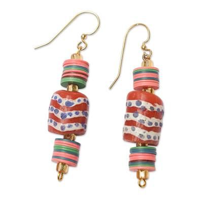 Euphoric Sense,'Colorful Recycled Plastic and Glass Beaded Dangle Earrings'