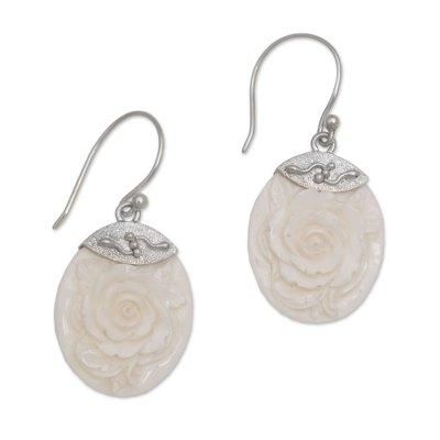 Twin Roses,'Sterling Silver and Bone Floral Dangle Earrings from Bali'