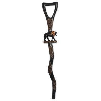 'Lion-Themed Wood and Aluminum Walking Stick from Ghana'