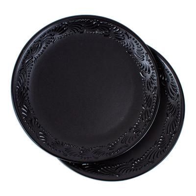 Dark Palace,'Pair of Handmade Talavera Ceramic Luncheon Plates in Black'