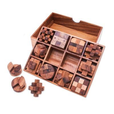 Array of Challenges,'12 Handcrafted Wood Puzzles with Box from Thailand'