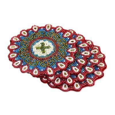 Floral Brilliance,'Set of Four Glass Beaded Coasters from India'