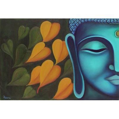'Signed Painting of Buddha with Leaves from India'
