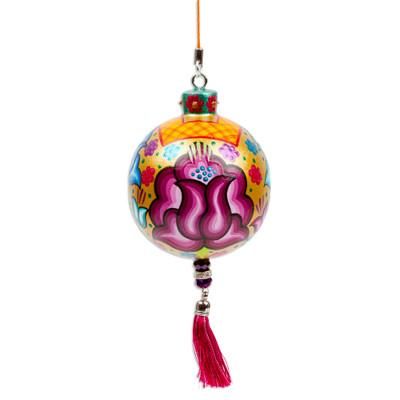 'Hand-Painted Floral Copal Wood Ornament in a Golden Base Hue'
