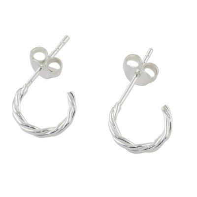 Intricately Minimal,'Thai Artisan Crafted Sterling Silver Half Hoop Earrings'
