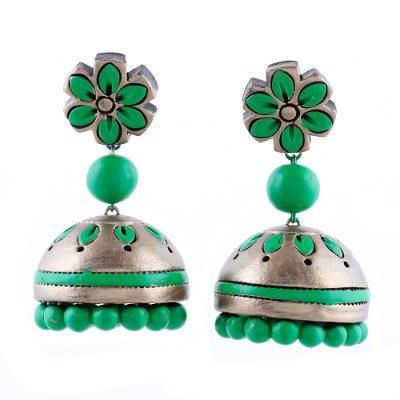 Green Garden,'Ceramic Dangle Earrings with Green Floral Motifs from India'