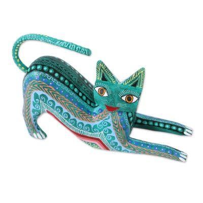 Cat Stretch,'Wood Alebrije Figurine Cat in Green from Mexico'