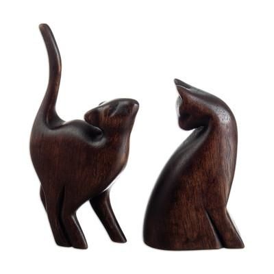 Fully Flirty,'Hand-Carved Cat Themed Wood Sculptures from Peru (Pair)'