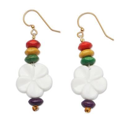 Rainbow Petals,'Floral Wood and Recycled Plastic Beaded Dangle Earrings'