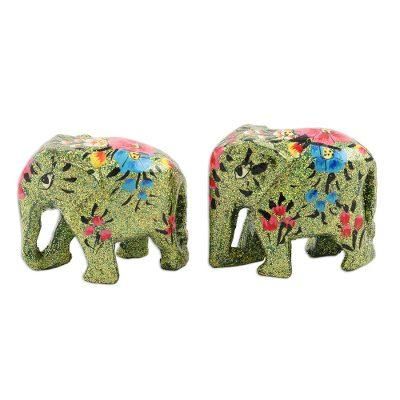Festive Green,'Hand-Painted Papier Mache Elephant Figurines (Pair)'