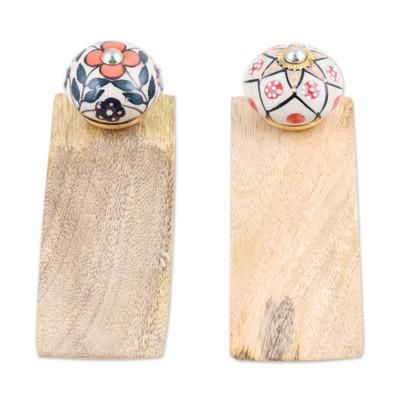 Heavenly Blossoms,'Pair of Wood Ceramic & Brass Door Stoppers Handmade in India'