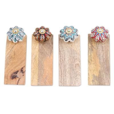 Flower Fantasy,'Set of 4 Wood Ceramic Brass Door Stoppers Handmade in India'