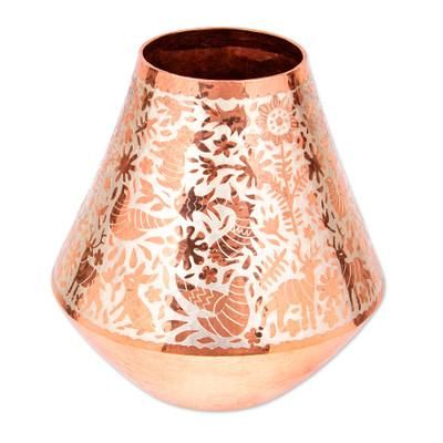 Gleaming Fauna,'Animal Motif Silver Accented Copper Vase from Mexico'
