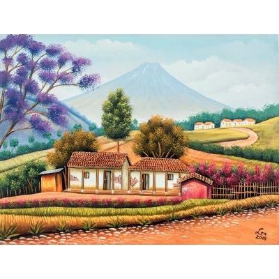 Paths of My Village,'Signed Painting of Village Cottages from Guatemala'