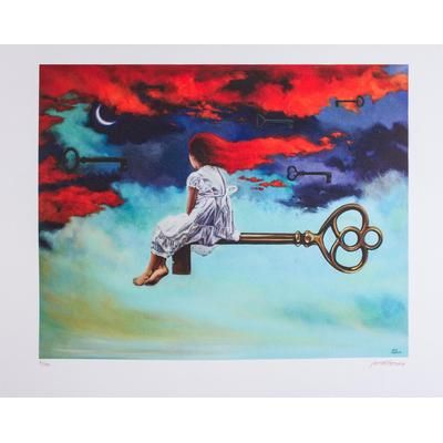 Nocturnal Passage,'Signed Surrealist Print of a Girl on a Key from Mexico'