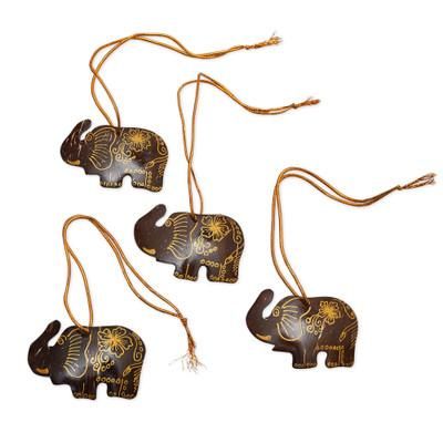 Imperial Elephants,'Set of 4 Coconut Shell Traditional Elephant Ornaments'